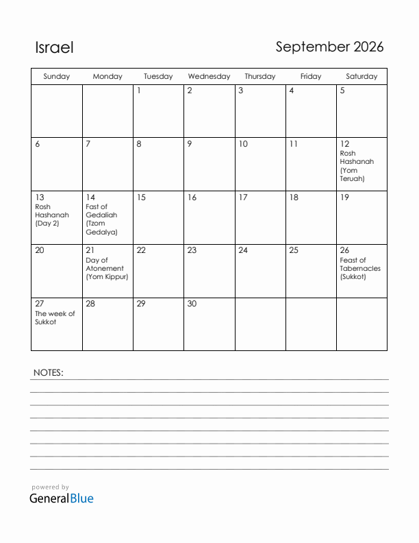September 2026 Israel Calendar with Holidays (Sunday Start)