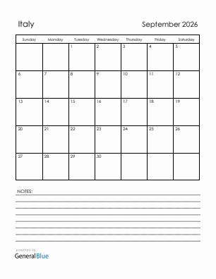 Current month calendar with Italy holidays for September 2026