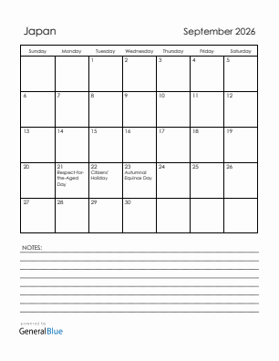 Current month calendar with Japan holidays for September 2026