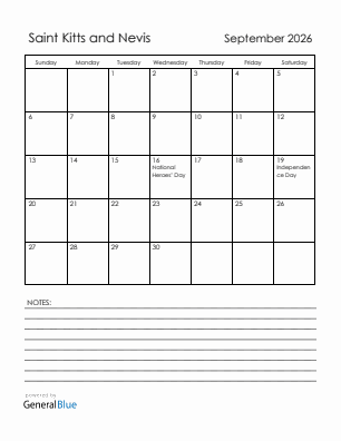 Current month calendar with Saint Kitts and Nevis holidays for September 2026