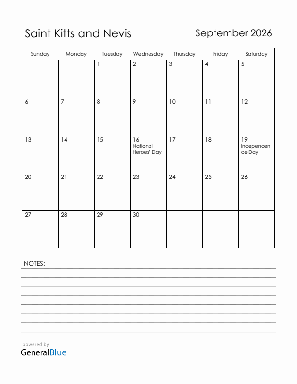 September 2026 Saint Kitts and Nevis Calendar with Holidays (Sunday Start)