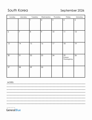 Current month calendar with South Korea holidays for September 2026