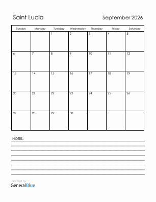 Current month calendar with Saint Lucia holidays for September 2026