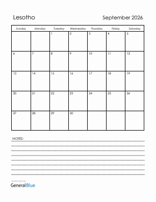 Current month calendar with Lesotho holidays for September 2026