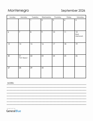 Current month calendar with Montenegro holidays for September 2026
