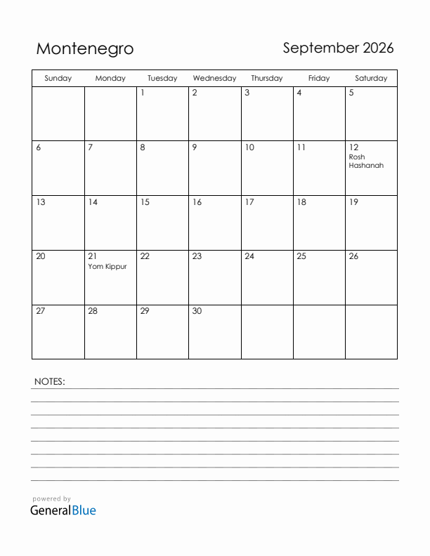 September 2026 Montenegro Calendar with Holidays (Sunday Start)