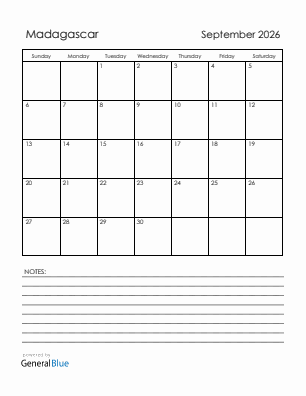 Current month calendar with Madagascar holidays for September 2026