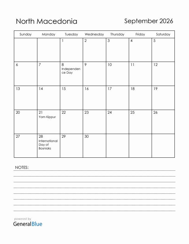 September 2026 North Macedonia Calendar with Holidays (Sunday Start)