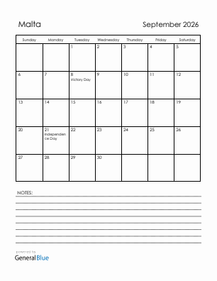 Current month calendar with Malta holidays for September 2026
