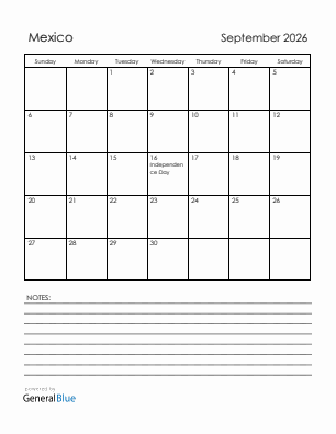 Current month calendar with Mexico holidays for September 2026