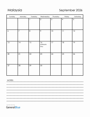 Current month calendar with Malaysia holidays for September 2026