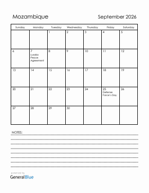 Current month calendar with Mozambique holidays for September 2026