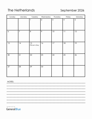 Current month calendar with The Netherlands holidays for September 2026