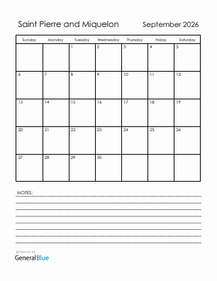 Current month calendar with Saint Pierre and Miquelon holidays for September 2026