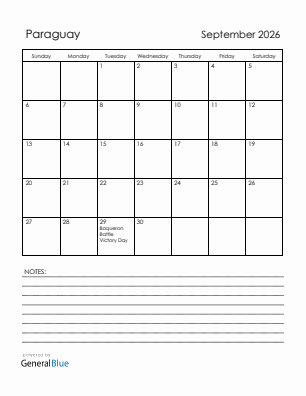 Current month calendar with Paraguay holidays for September 2026
