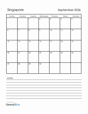 Current month calendar with Singapore holidays for September 2026
