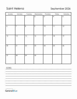 Current month calendar with Saint Helena holidays for September 2026
