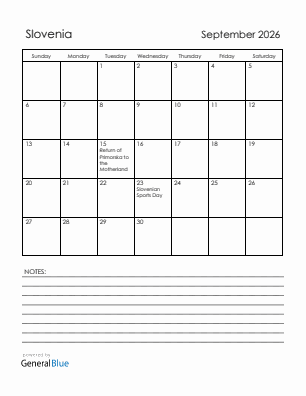 Current month calendar with Slovenia holidays for September 2026
