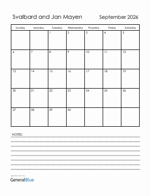 Current month calendar with Svalbard and Jan Mayen holidays for September 2026