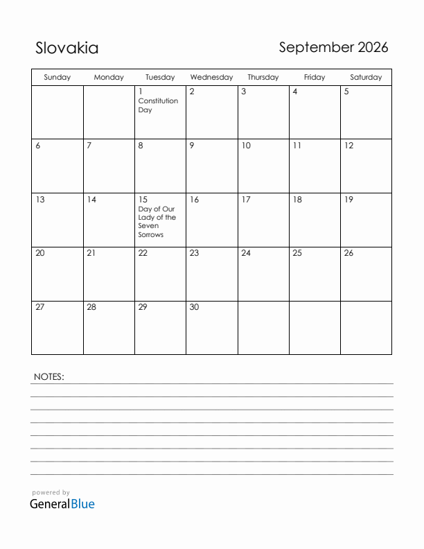 September 2026 Slovakia Calendar with Holidays (Sunday Start)