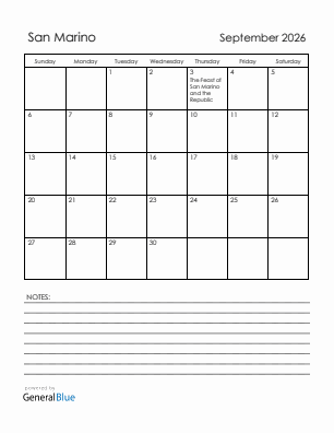 Current month calendar with San Marino holidays for September 2026