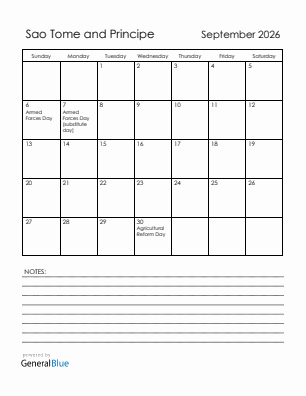 Current month calendar with Sao Tome and Principe holidays for September 2026