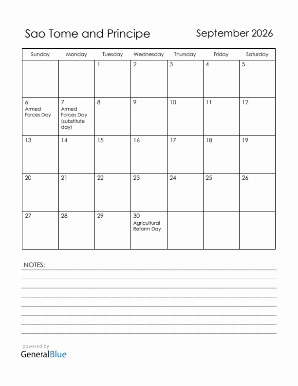 September 2026 Sao Tome and Principe Calendar with Holidays (Sunday Start)