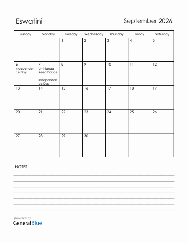 September 2026 Eswatini Calendar with Holidays (Sunday Start)