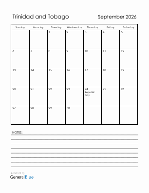 Current month calendar with Trinidad and Tobago holidays for September 2026
