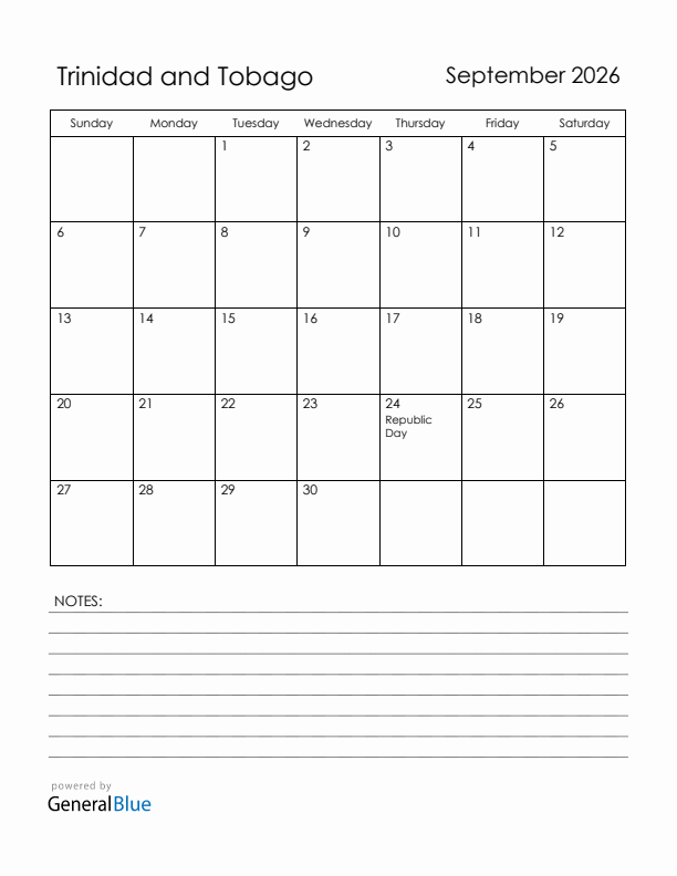 September 2026 Trinidad and Tobago Calendar with Holidays (Sunday Start)