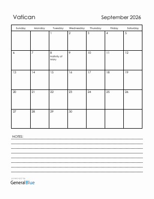 Current month calendar with Vatican holidays for September 2026