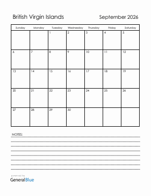 Current month calendar with British Virgin Islands holidays for September 2026