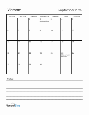 Current month calendar with Vietnam holidays for September 2026