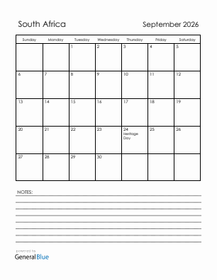 Current month calendar with South Africa holidays for September 2026