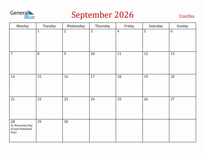 Czechia September 2026 Calendar - Monday Start