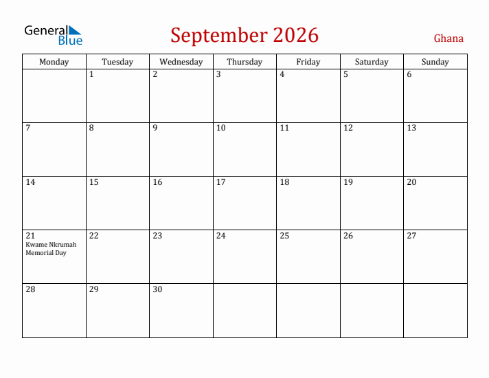 Ghana September 2026 Calendar - Monday Start