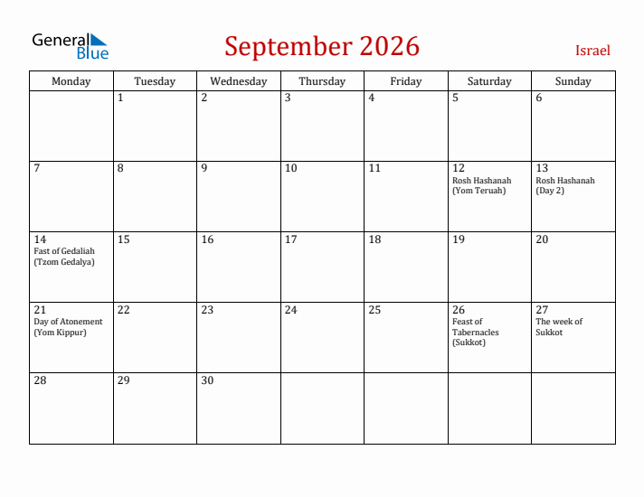 Israel September 2026 Calendar - Monday Start