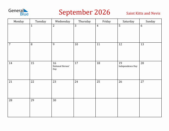 Saint Kitts and Nevis September 2026 Calendar - Monday Start