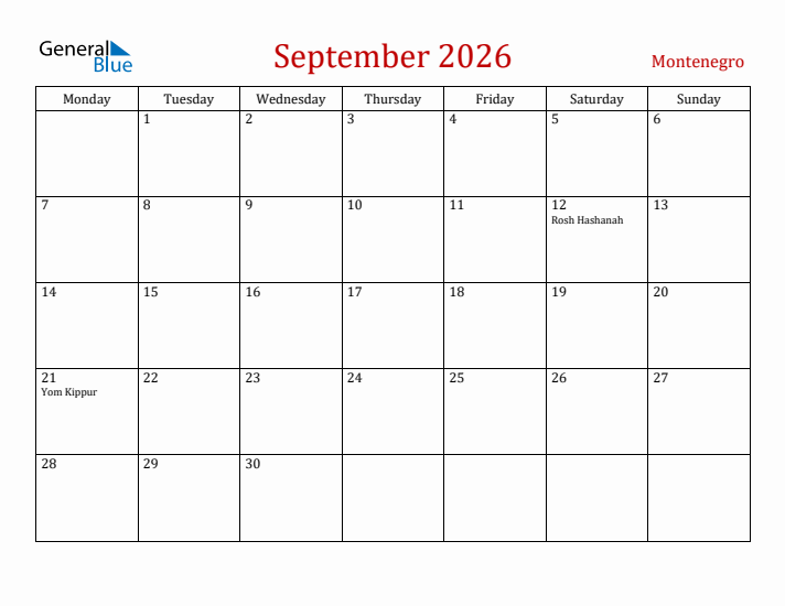 Montenegro September 2026 Calendar - Monday Start