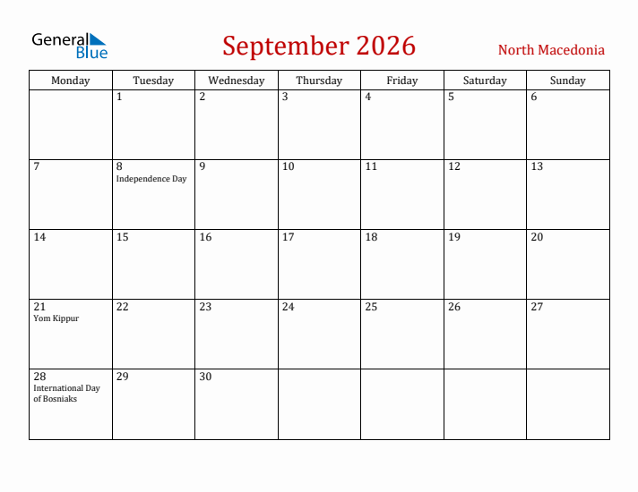 North Macedonia September 2026 Calendar - Monday Start