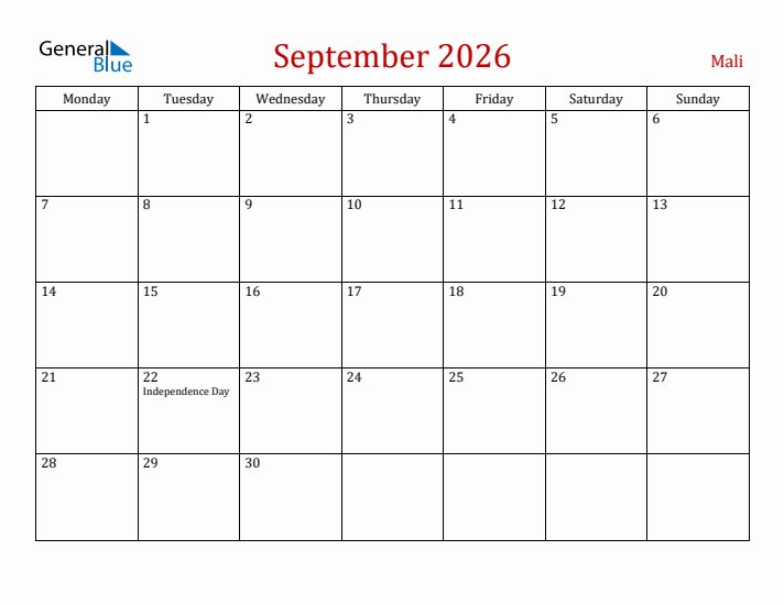 Mali September 2026 Calendar - Monday Start