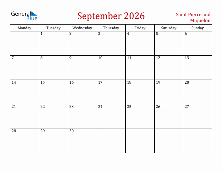 Saint Pierre and Miquelon September 2026 Calendar - Monday Start