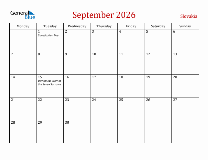 Slovakia September 2026 Calendar - Monday Start