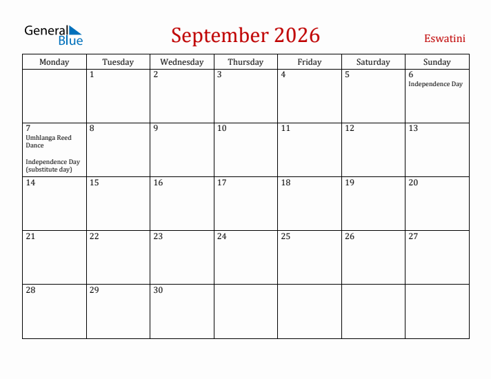 Eswatini September 2026 Calendar - Monday Start