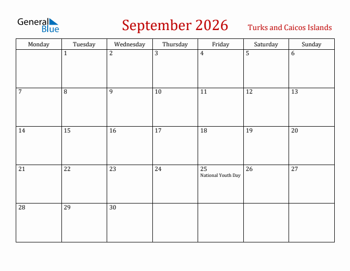 Turks and Caicos Islands September 2026 Calendar - Monday Start
