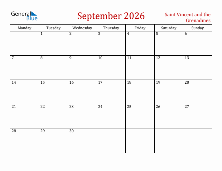 Saint Vincent and the Grenadines September 2026 Calendar - Monday Start