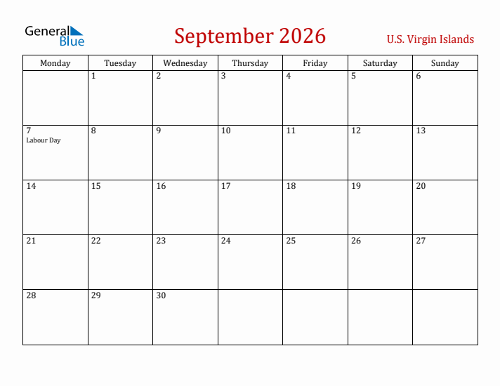 U.S. Virgin Islands September 2026 Calendar - Monday Start