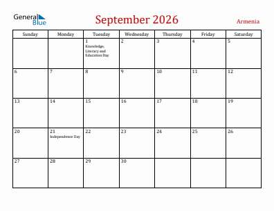 Current month calendar with Armenia holidays for September 2026