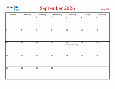 Current month calendar with Angola holidays for September 2026