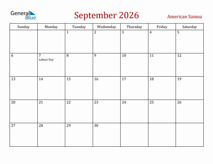 American Samoa September 2026 Calendar - Sunday Start